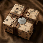 Vintage map wrapping paper on a gift box with a brown ribbon and "Adventure Awaits" tag by Wrapped Studios.