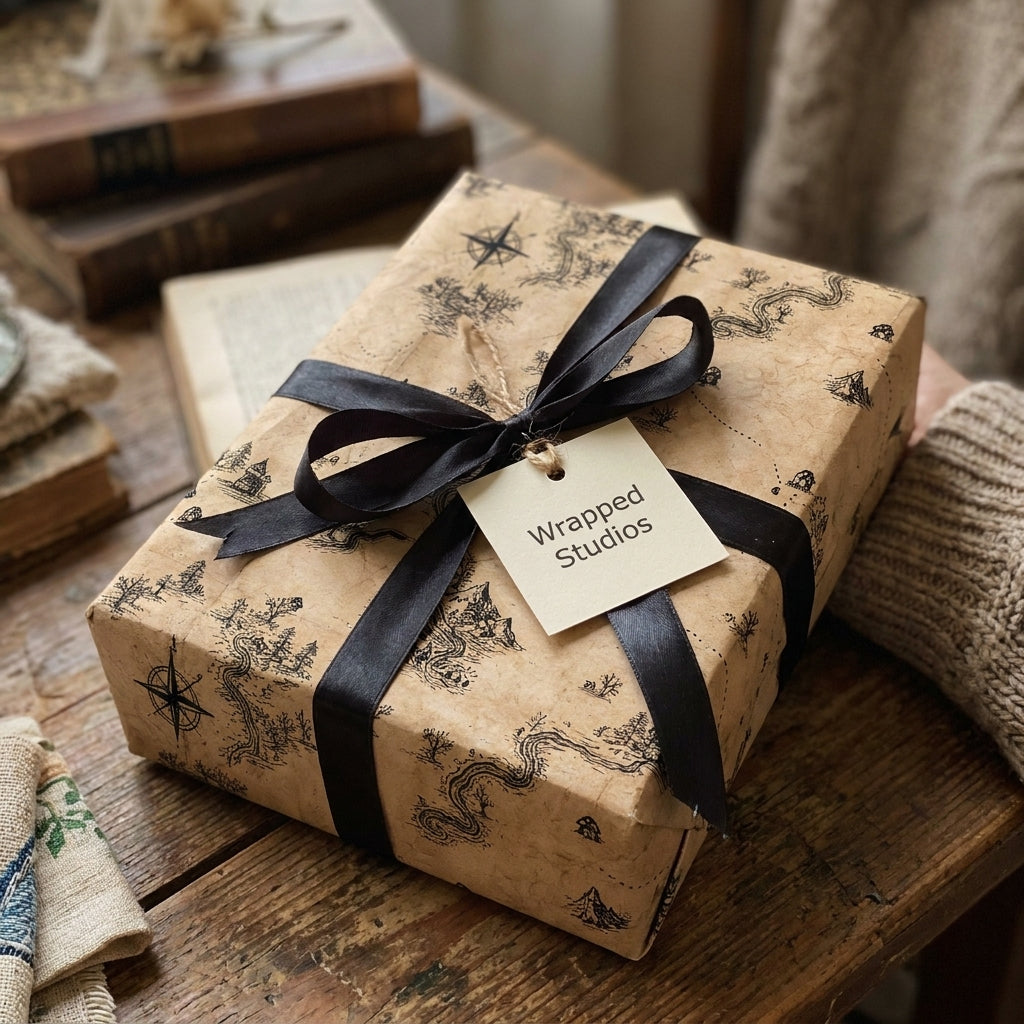 Vintage fantasy map wrapping paper by Wrapped Studios with black ribbon on a rustic kraft box.
