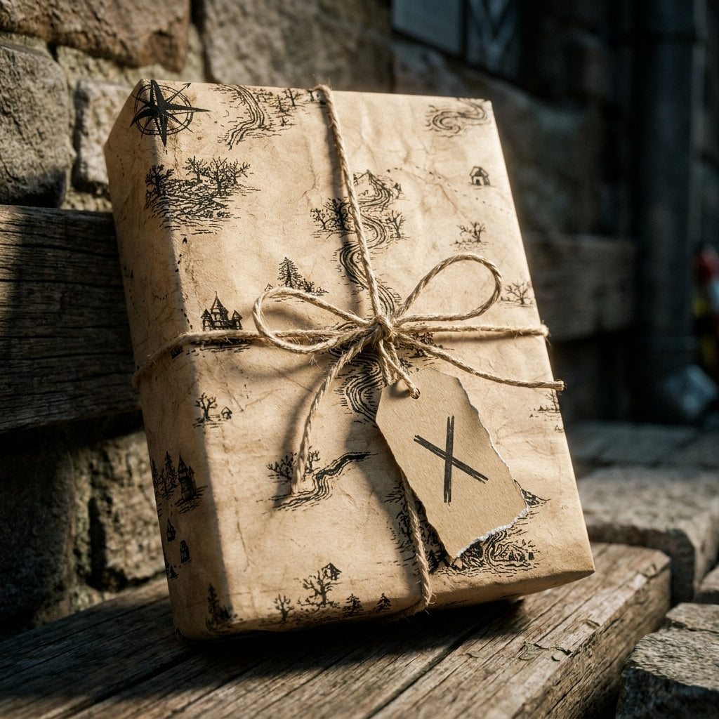 Vintage map wrapping paper by Wrapped Studios, tied with a rustic twine bow and an X-marked gift tag.