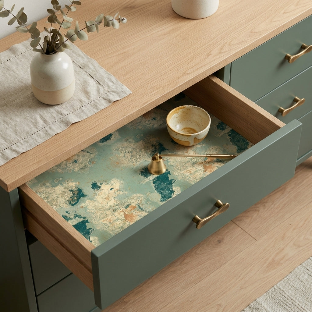 Vintage world map wrapping paper used as drawer liner in a sage green dresser drawer. Wrapped Studios.