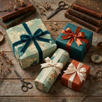 Vintage marbled teal wrapping paper and terracotta luxury gift wrap on rustic wood by Wrapped Studios.