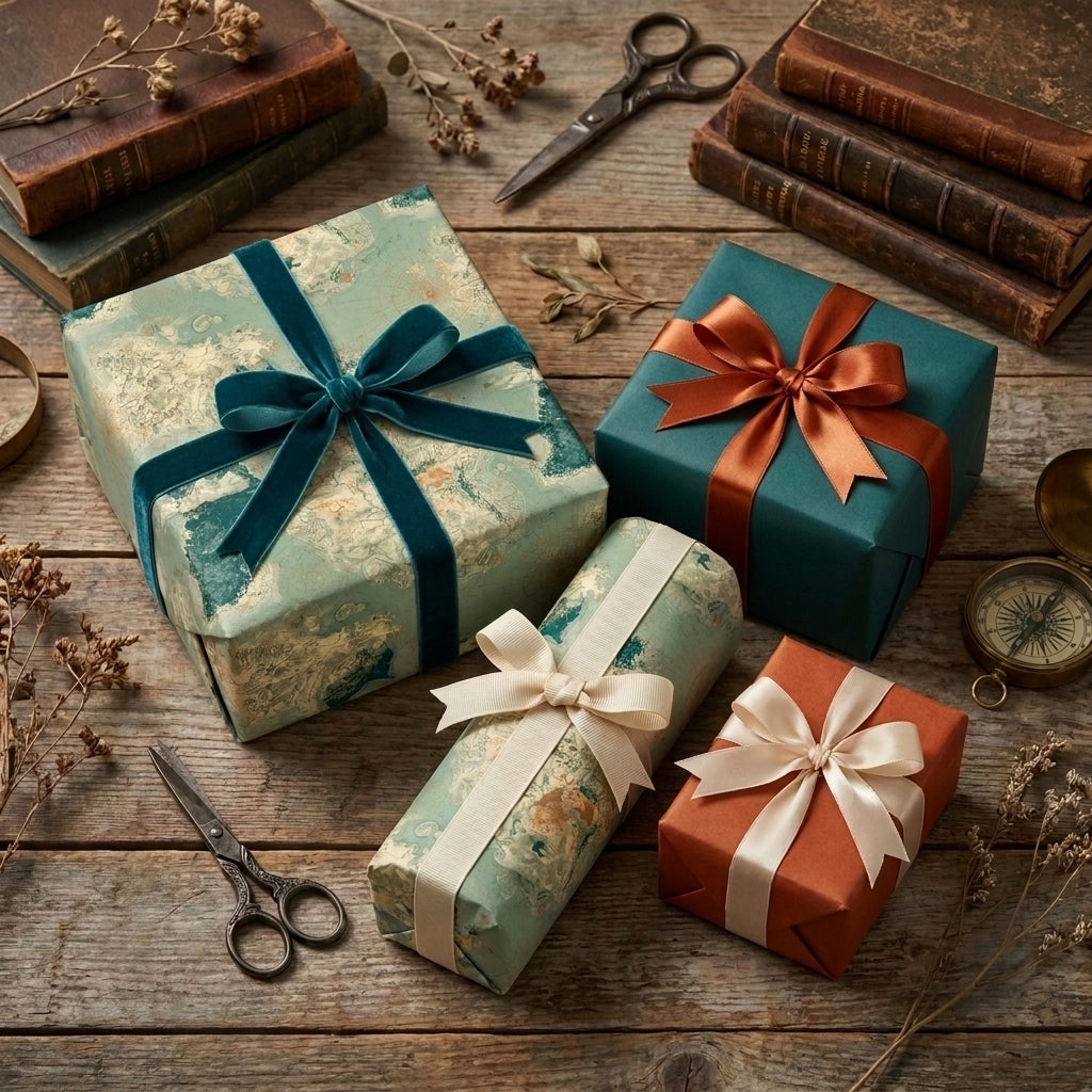 Vintage marbled teal wrapping paper and terracotta luxury gift wrap on rustic wood by Wrapped Studios.