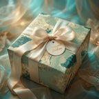 Luxury teal and gold vintage map wrapping paper with cream satin bow by Wrapped Studios.