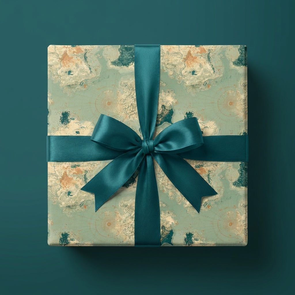 Vintage map luxury gift wrap with a teal satin bow on a square gift box by Wrapped Studios.