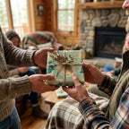 Rustic sage green wrapping paper with twine on a gift being exchanged in a cozy cabin, by Wrapped Studios.