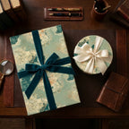 Luxury vintage map wrapping paper on gifts with teal velvet and cream ribbons by Wrapped Studios.