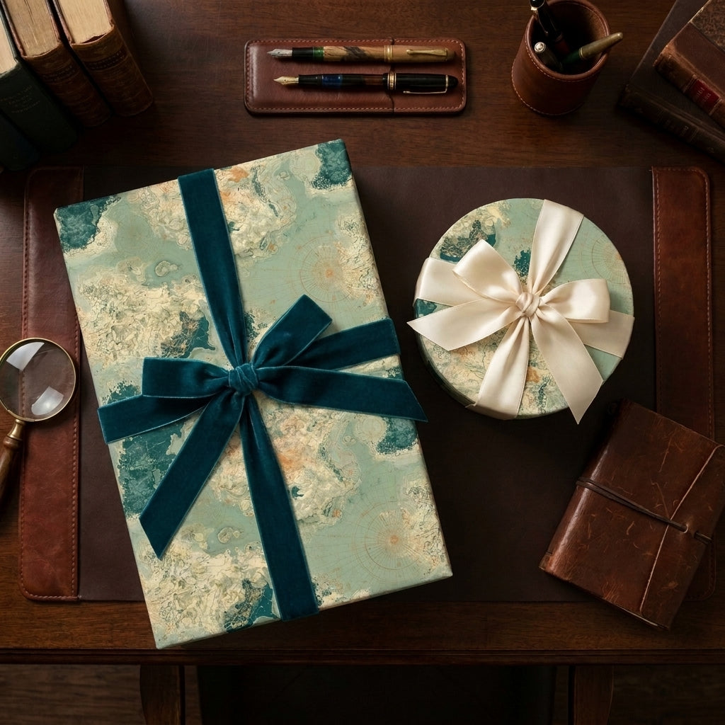 Luxury vintage map wrapping paper on gifts with teal velvet and cream ribbons by Wrapped Studios.