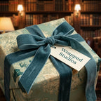 Luxury vintage map wrapping paper with a teal velvet bow by Wrapped Studios.