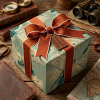 Vintage world map wrapping paper with a rust orange ribbon and tag, by Wrapped Studios.