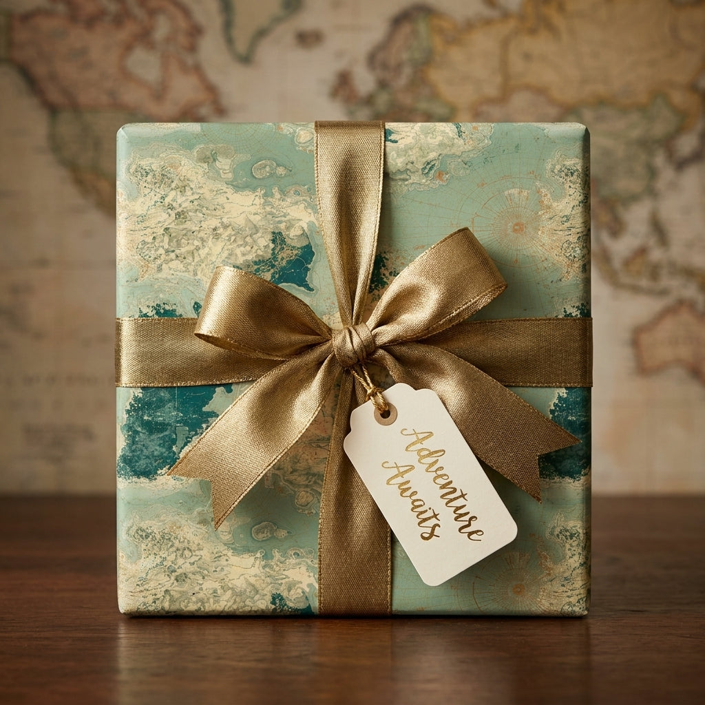 Vintage map wrapping paper with a gold bow and Adventure Awaits tag by Wrapped Studios.