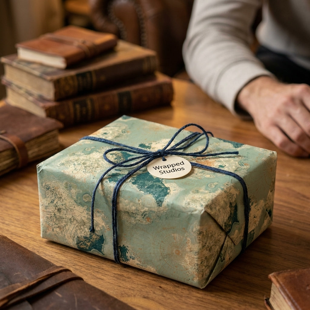 Vintage map wrapping paper on a gift box tied with blue twine. Travel themed gift wrap by Wrapped Studios.