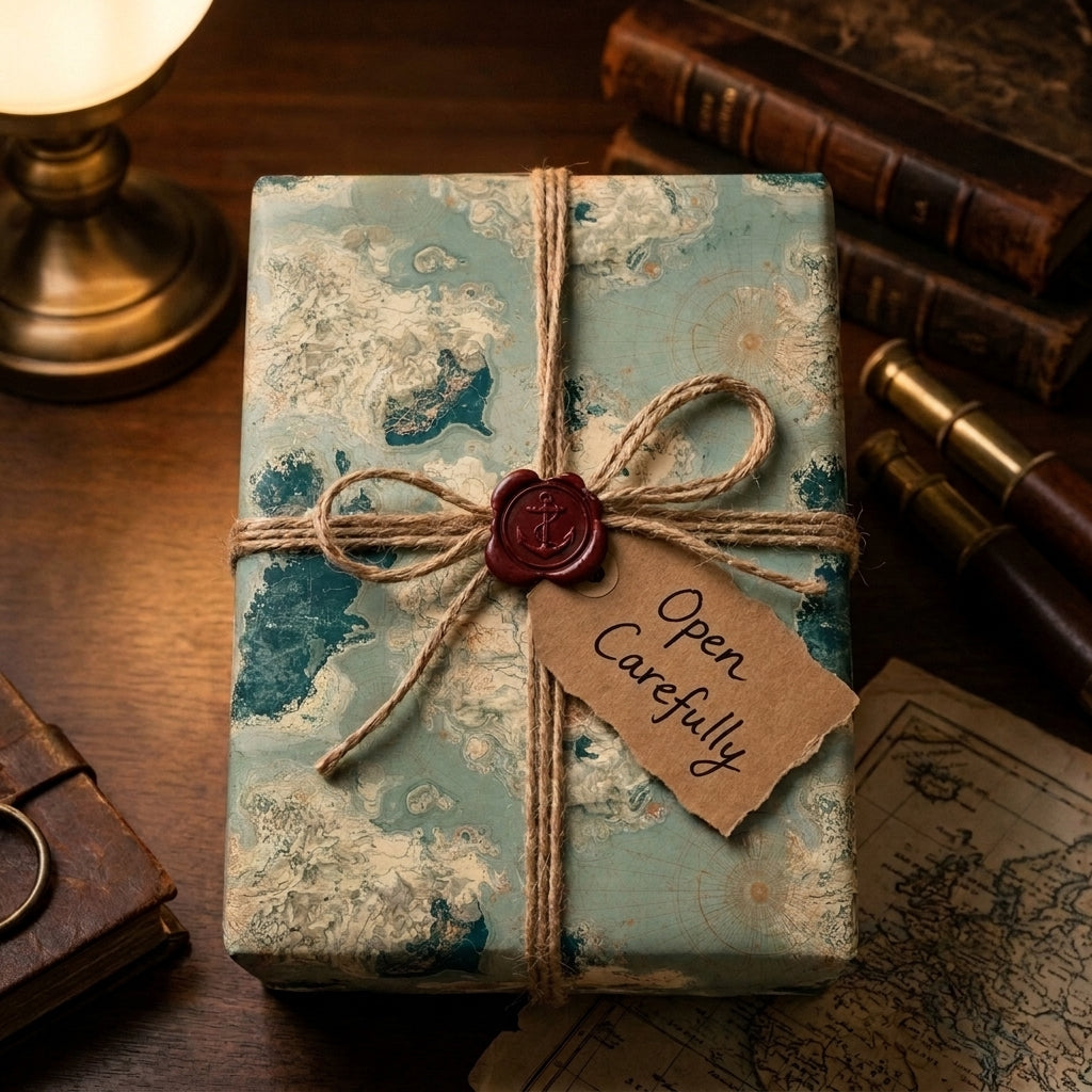 Vintage nautical map wrapping paper by Wrapped Studios, tied with rustic twine on a luxury gift box.