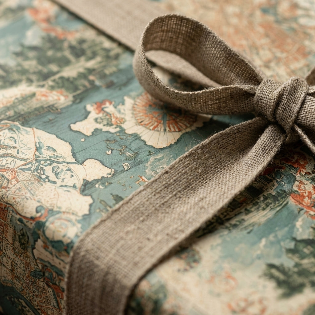Luxury vintage map wrapping paper with a rustic linen bow by Wrapped Studios.