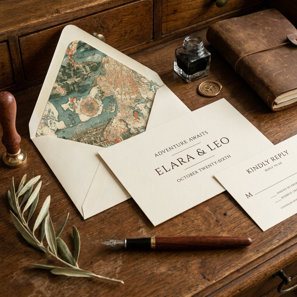 Vintage map envelope liner and travel wedding invitation suite on a wooden desk by Wrapped Studios.