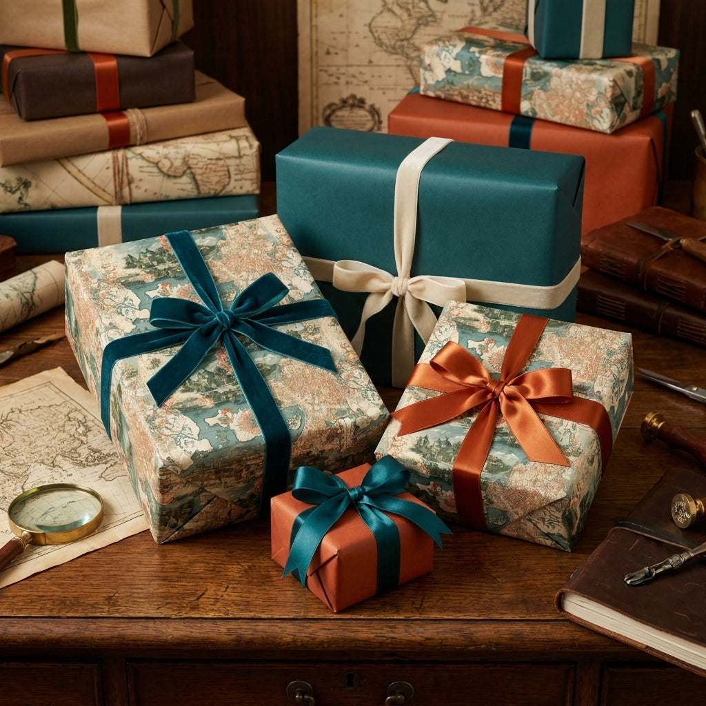 Vintage map wrapping paper and teal luxury gift wrap with velvet ribbons by Wrapped Studios.