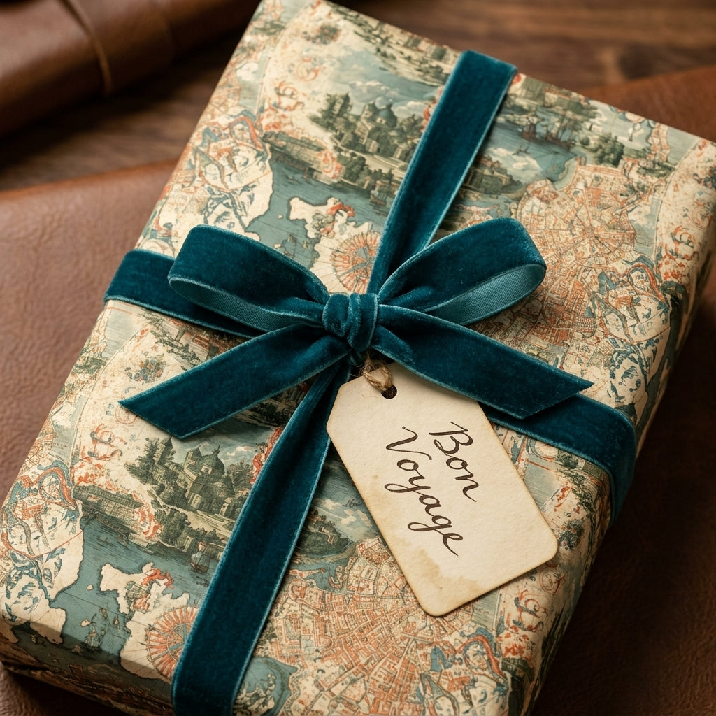 Luxury vintage map gift wrap with a teal velvet bow and Bon Voyage tag by Wrapped Studios.
