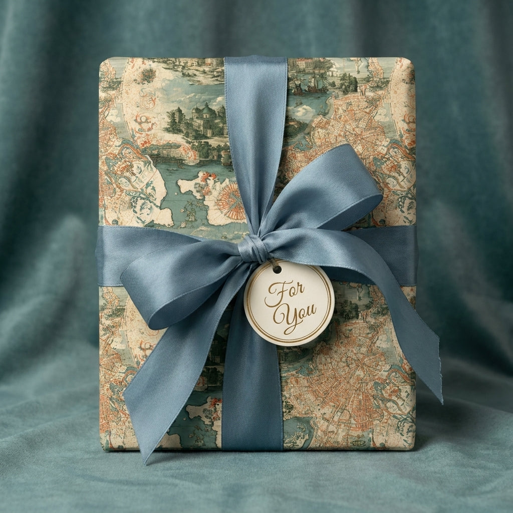 Vintage world map wrapping paper with dusty blue satin ribbon and gift tag by Wrapped Studios.