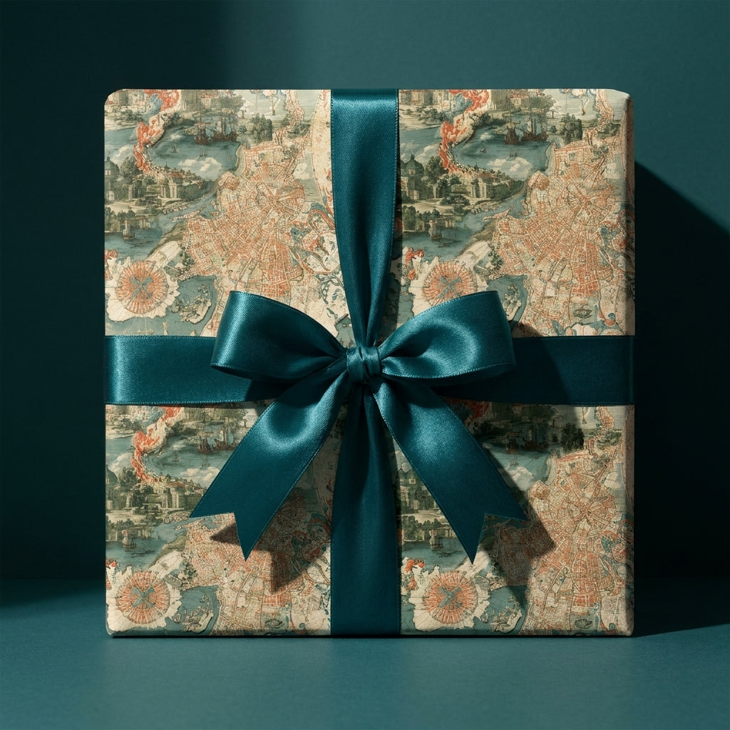 Vintage travel map wrapping paper on a luxury gift box with a teal satin bow, by Wrapped Studios.