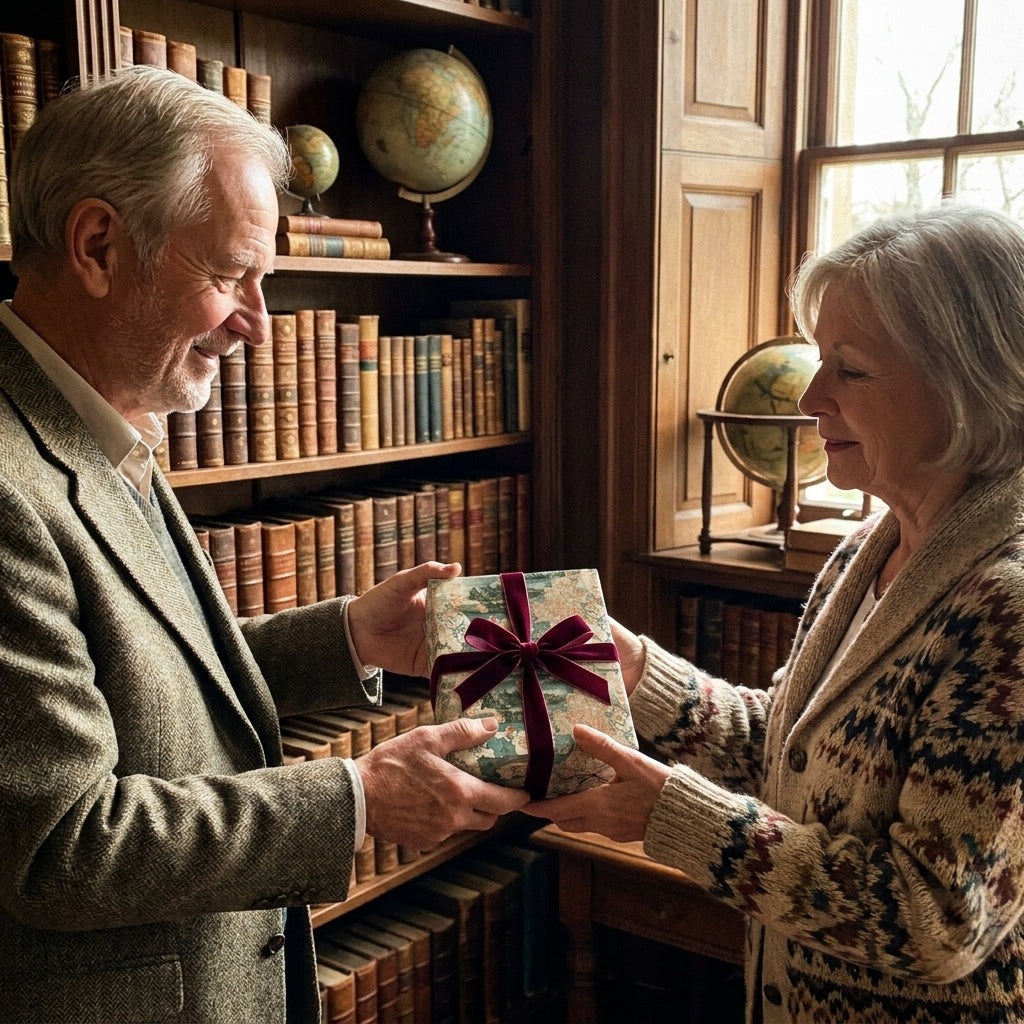 Elderly couple sharing a gift in vintage floral wrapping paper with burgundy velvet ribbon by Wrapped Studios.