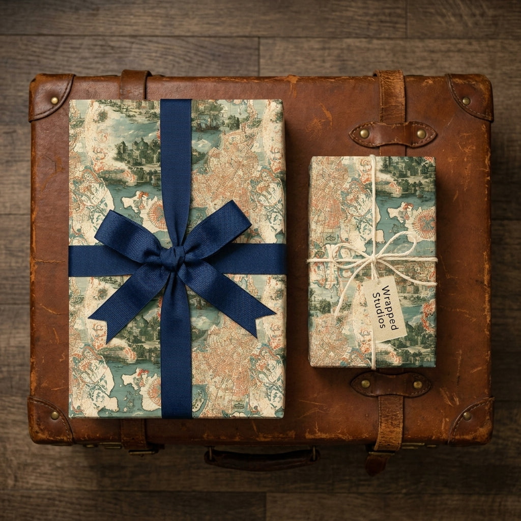 Vintage map wrapping paper on gifts with navy ribbon on a leather suitcase, by Wrapped Studios.