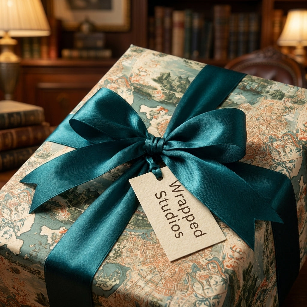 Luxury vintage map wrapping paper with a teal satin bow and gift tag by Wrapped Studios.