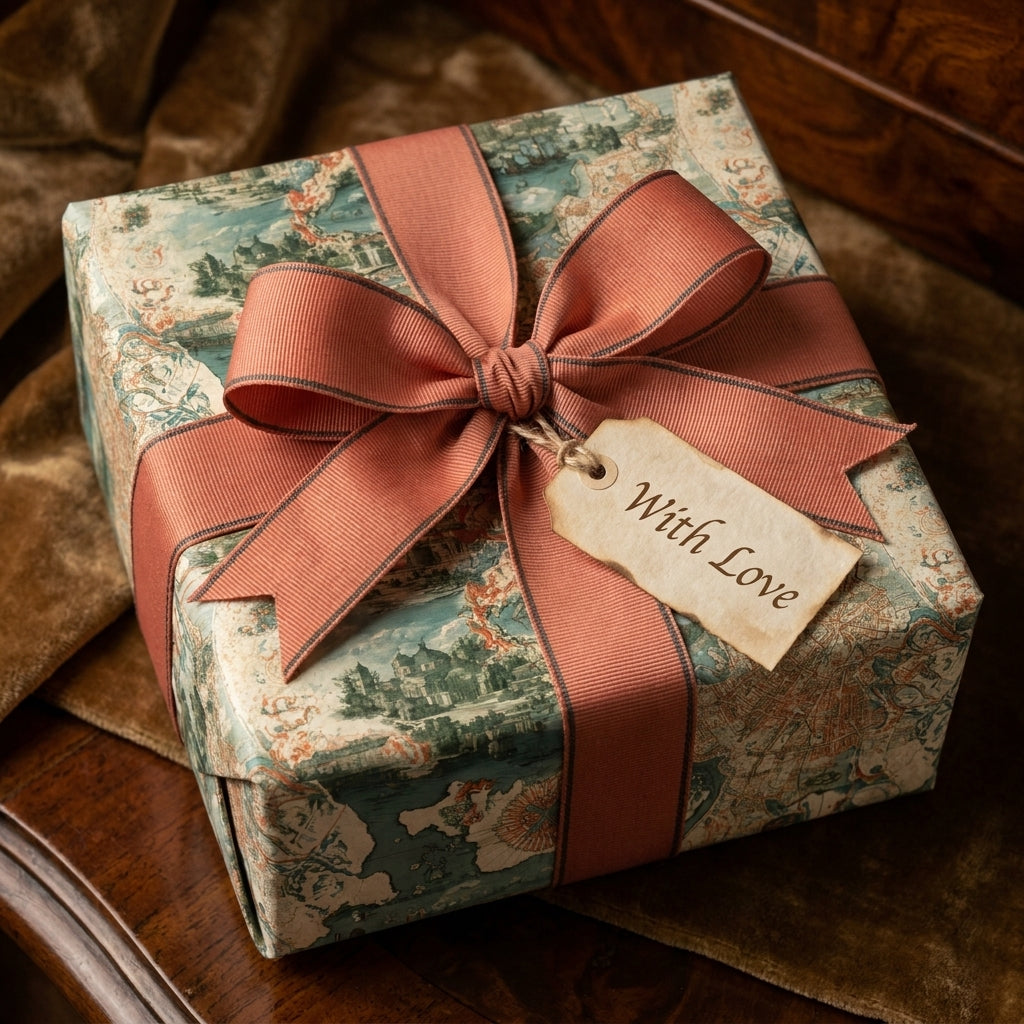 Vintage map wrapping paper on a luxury gift with a dusty rose bow by Wrapped Studios.