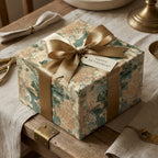 Vintage world map gift wrap with a gold satin ribbon for a retirement gift by Wrapped Studios.