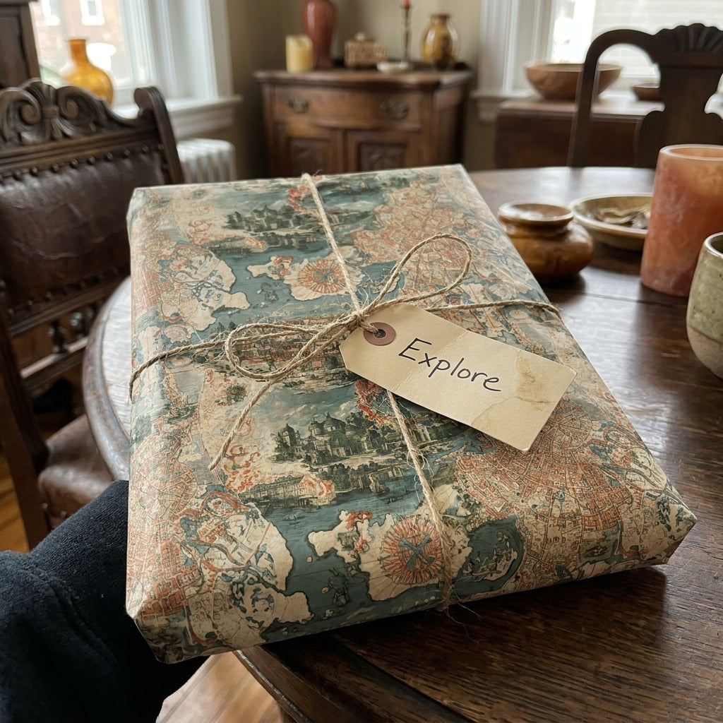 Vintage map wrapping paper tied with rustic twine and an 'Explore' tag by Wrapped Studios.