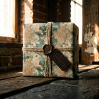 Vintage travel map wrapping paper by Wrapped Studios on a gift box with twine and a wax seal.