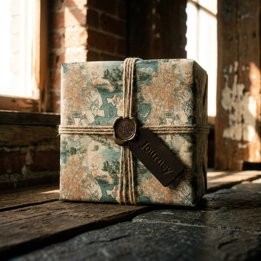 Vintage travel map wrapping paper by Wrapped Studios on a gift box with twine and a wax seal.