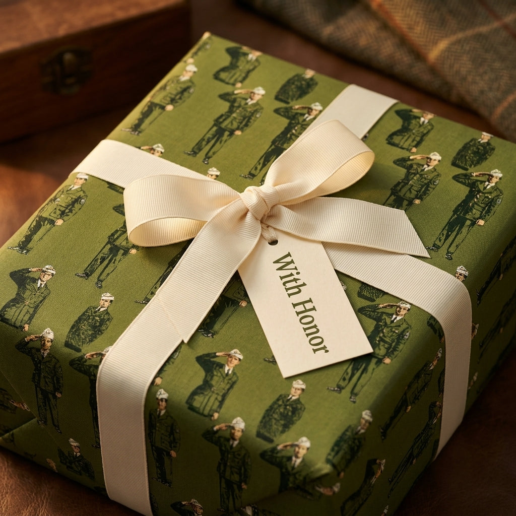 Military wrapping paper with soldier pattern, cream bow, and "With Honor" gift tag by Wrapped Studios.