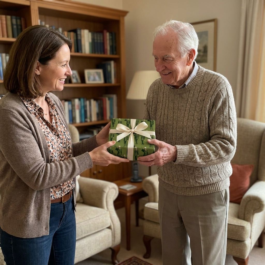Woman giving senior man a gift in green military soldier wrapping paper with cream bow by Wrapped Studios.