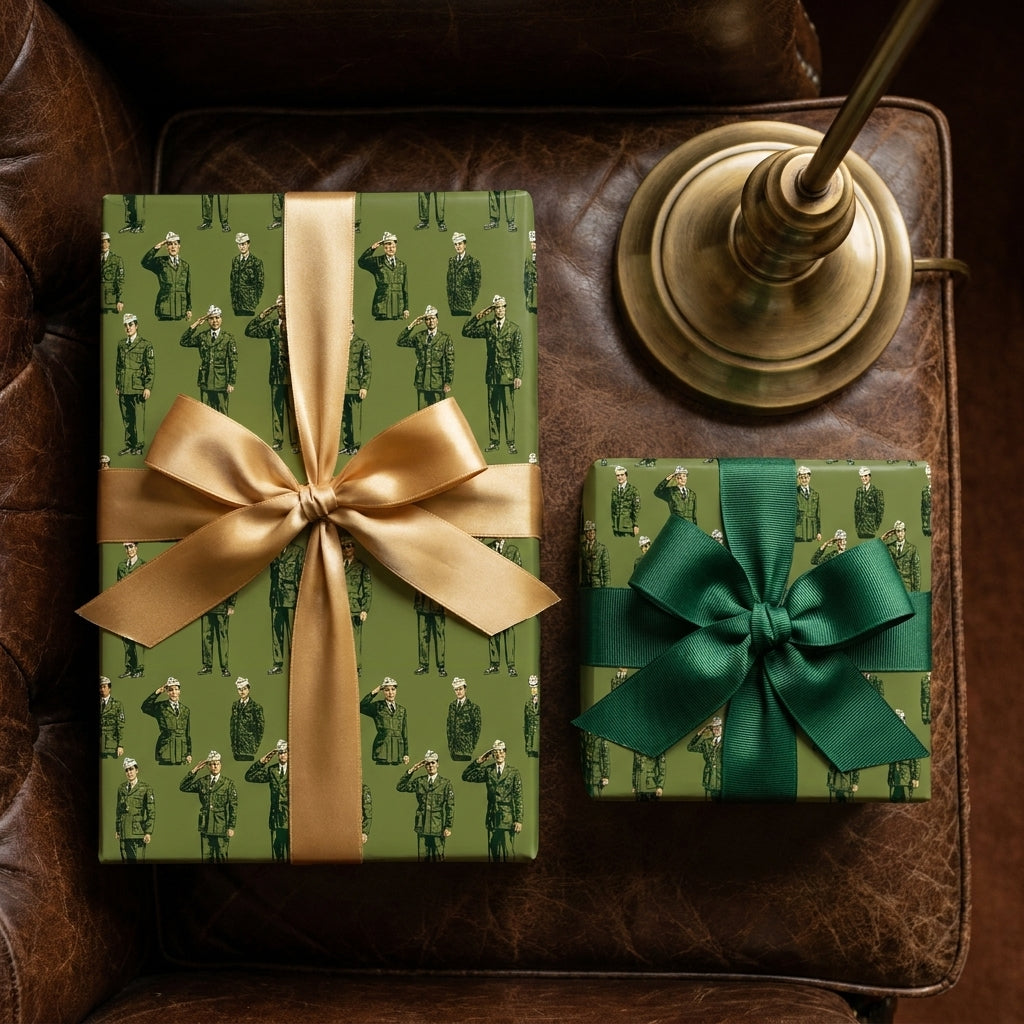 Vintage military wrapping paper with saluting soldiers and satin ribbons by Wrapped Studios.