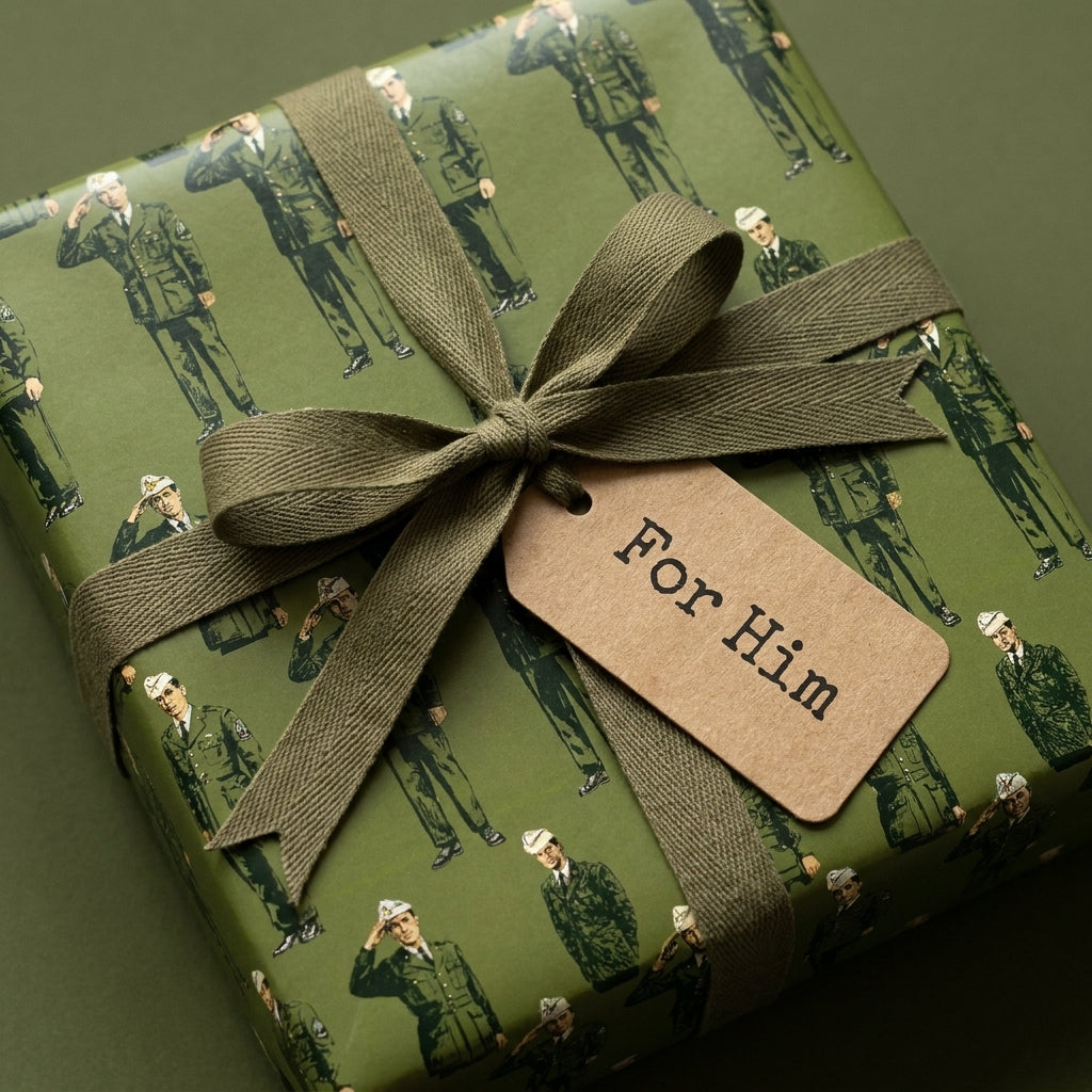 Military gift wrap with army soldier pattern, olive green bow, and 'For Him' tag by Wrapped Studios.