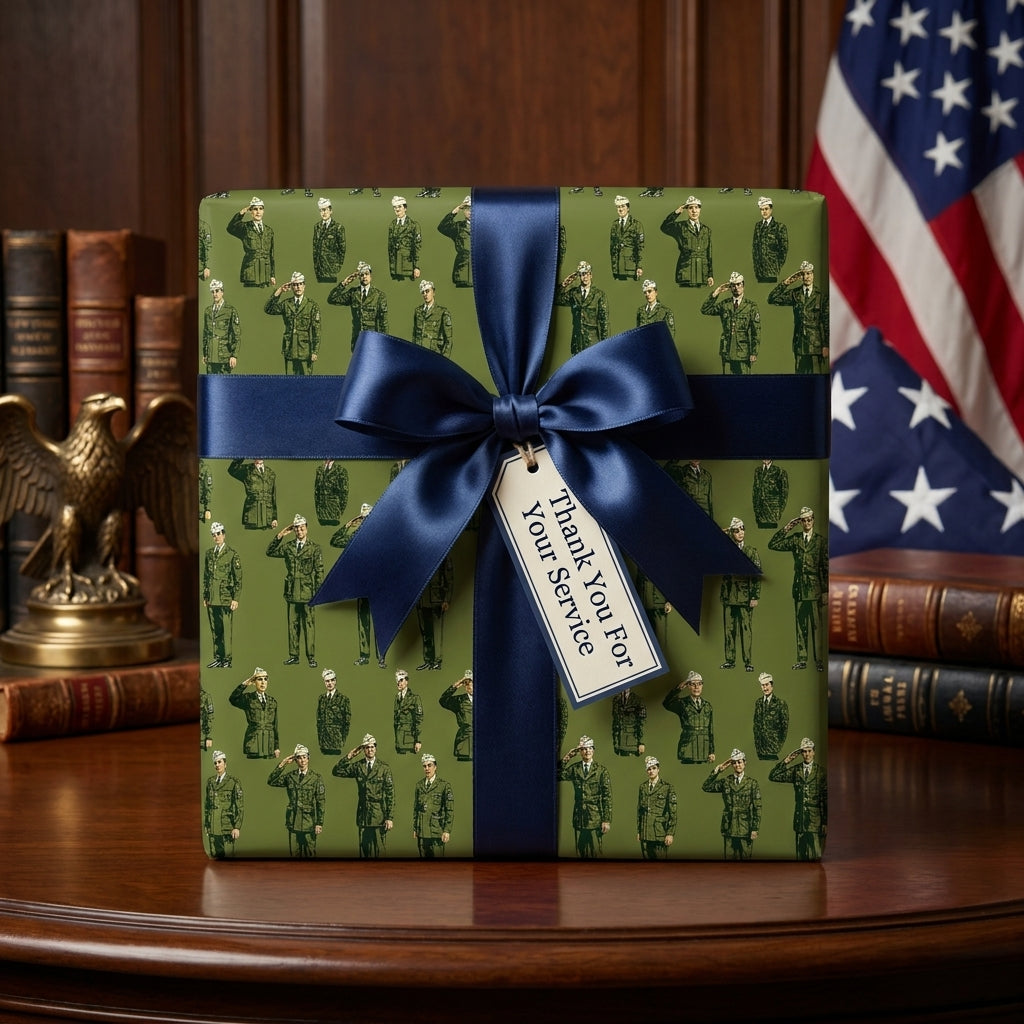 Military wrapping paper with saluting soldiers, navy ribbon, and thank you tag by Wrapped Studios.