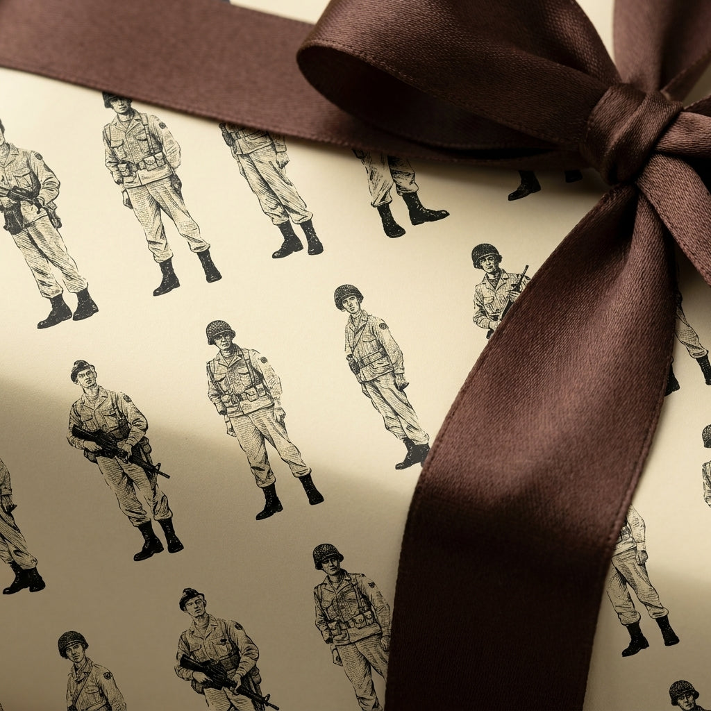 Vintage military soldier wrapping paper tied with a brown satin bow by Wrapped Studios.
