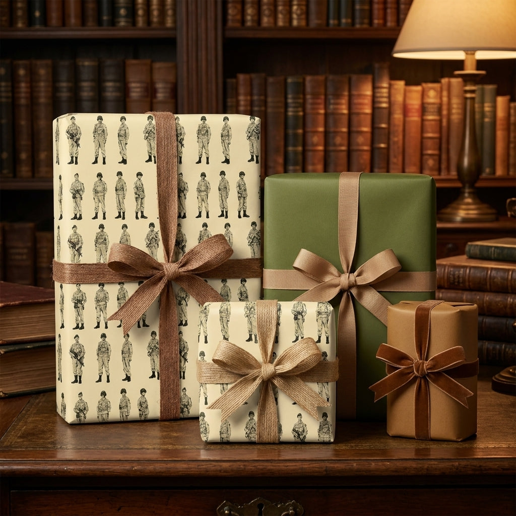 Vintage military soldier wrapping paper on gifts in a library setting by Wrapped Studios.