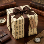 Vintage military soldier wrapping paper for Father's Day by Wrapped Studios, with a brown ribbon bow.