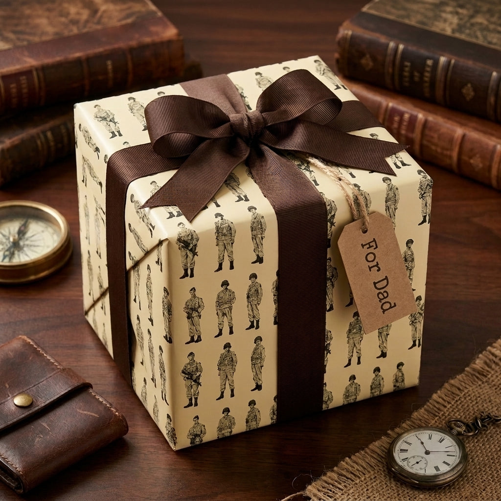 Vintage military soldier wrapping paper for Father's Day by Wrapped Studios, with a brown ribbon bow.