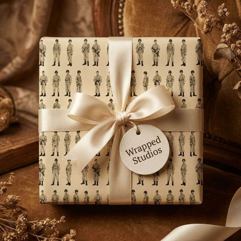 Vintage military soldier wrapping paper on a gift box with a cream satin ribbon by Wrapped Studios.