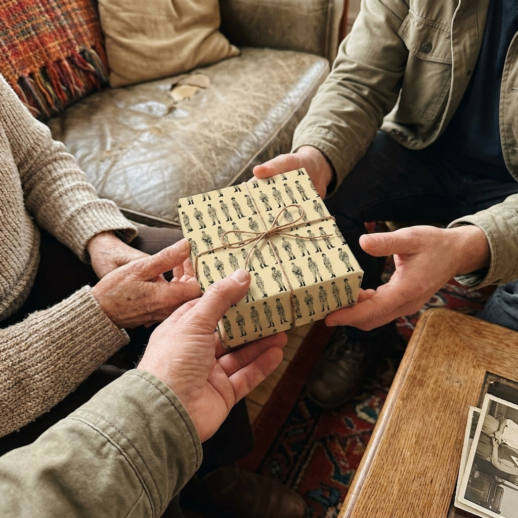 Military soldier wrapping paper by Wrapped Studios on a gift box being passed to a veteran.