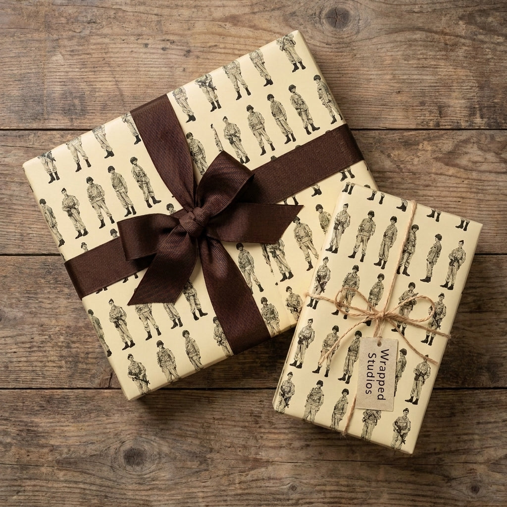 Vintage military soldier wrapping paper on gift boxes with a brown bow, by Wrapped Studios.