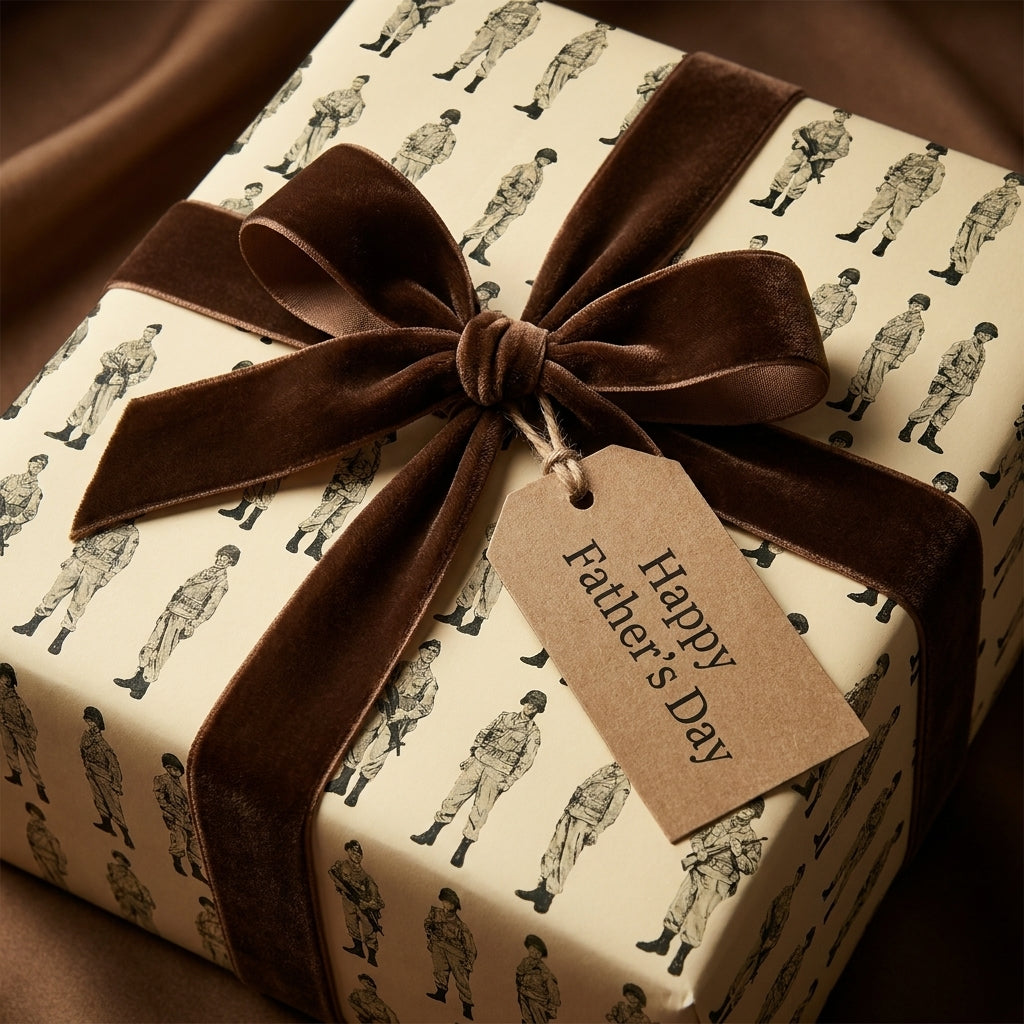 Father's Day wrapping paper with vintage soldier pattern and brown velvet ribbon by Wrapped Studios.