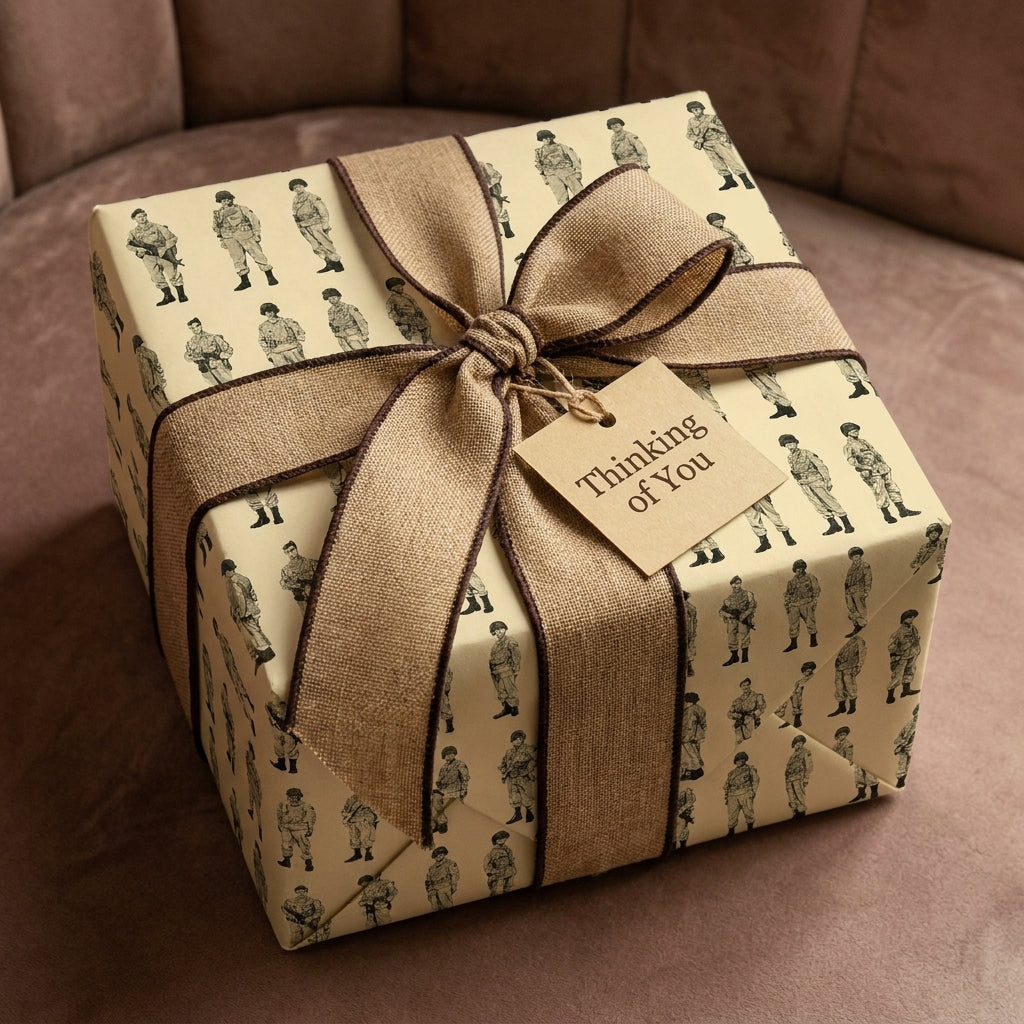 Military soldier wrapping paper with a burlap bow and Thinking of You tag by Wrapped Studios.