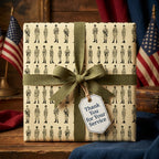 Military wrapping paper with soldier pattern, green ribbon, and thank you tag by Wrapped Studios.