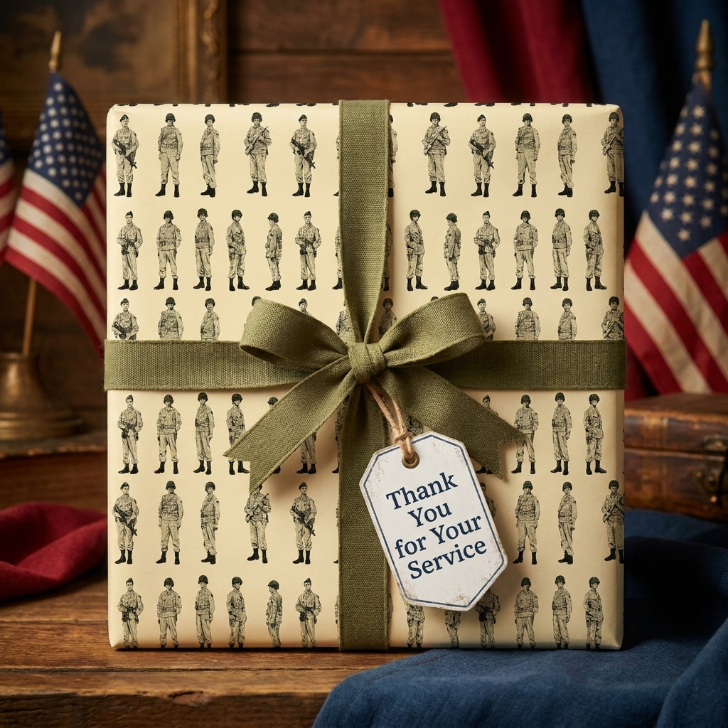 Military wrapping paper with soldier pattern, green ribbon, and thank you tag by Wrapped Studios.