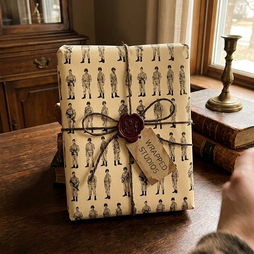 Vintage army soldier wrapping paper by Wrapped Studios, tied with rustic twine and a wax seal.