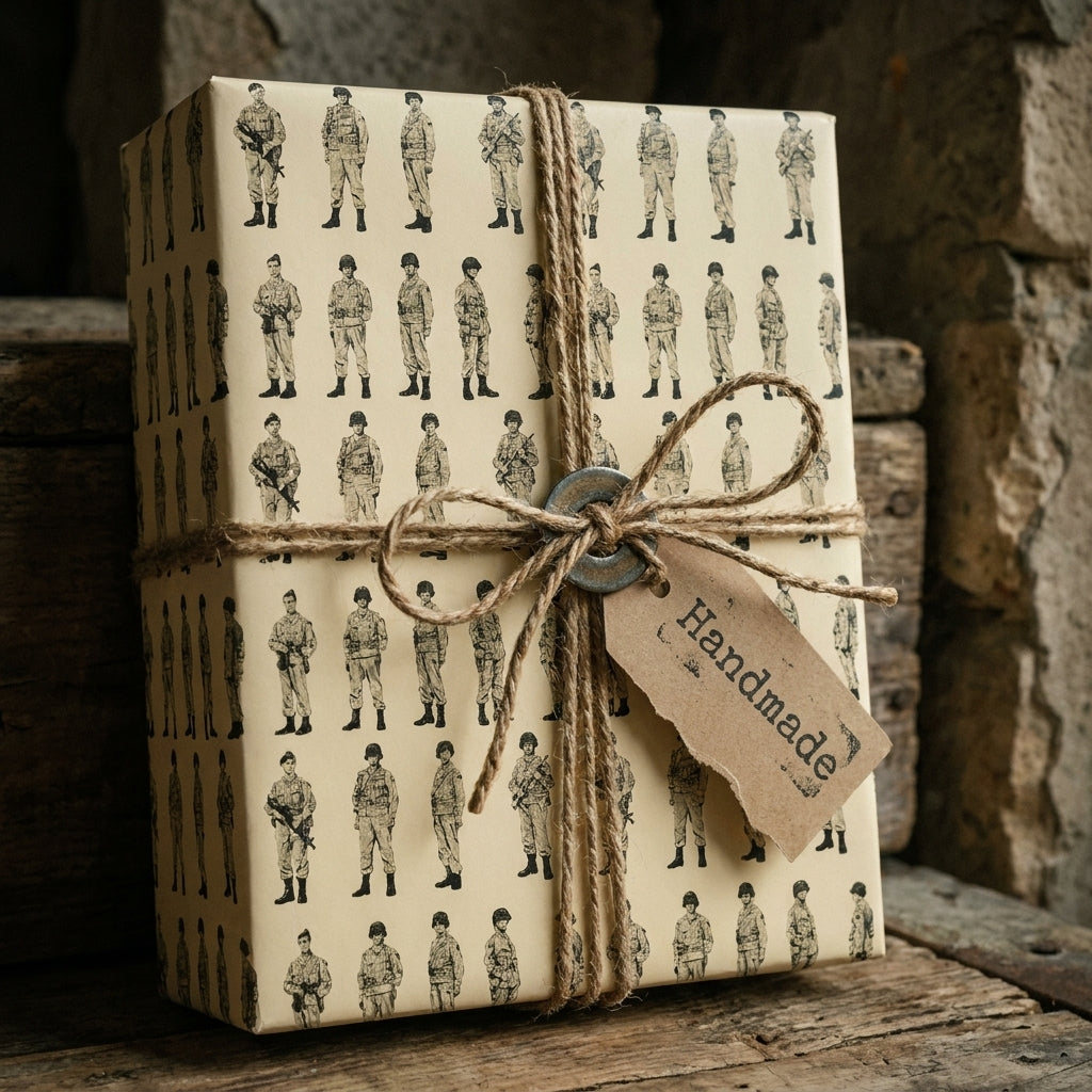 Vintage military wrapping paper on a gift box tied with rustic twine by Wrapped Studios.