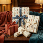 Elegant gift wrapping paper with art deco dancing women pattern, tied with satin ribbons in taupe, blue, and rust.
