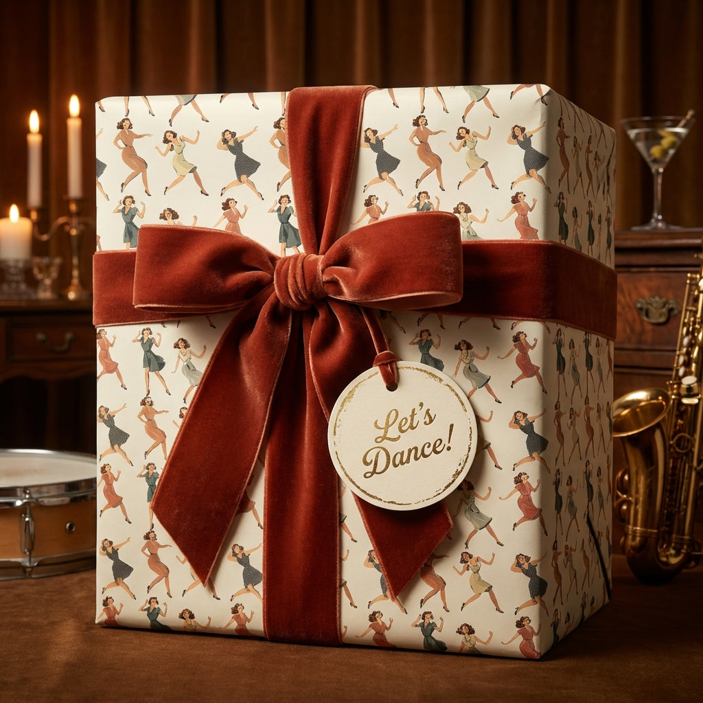 Gift box with vintage-style dancing girl wrapping paper and rusty red velvet ribbon.